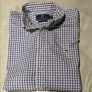 Vineyard Vines Men's Blue and Cream Plaid Shirt